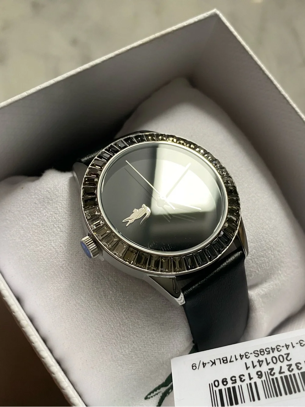 Lacoste Ladycroc 2001411 Women’s Watch Black Leather Band Crystal Bezel 36.5mm